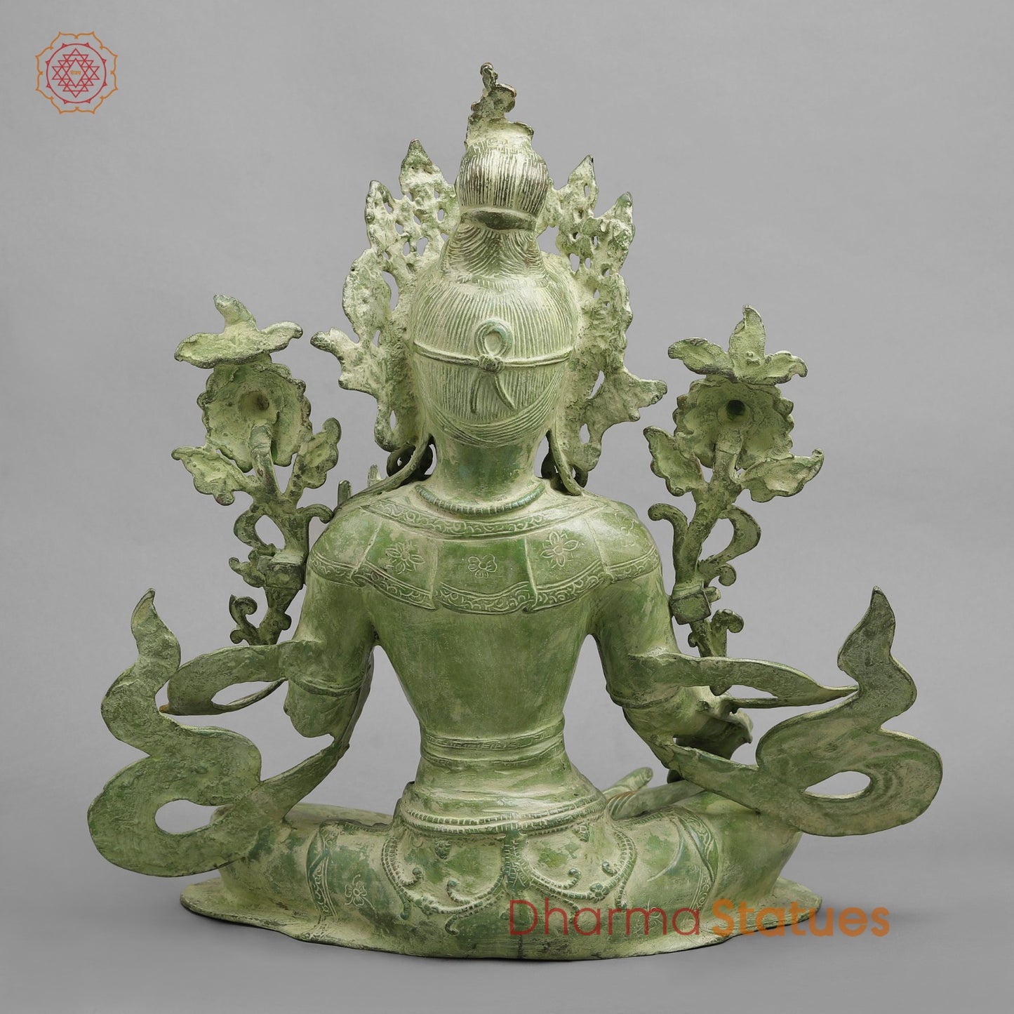 Brass Green Tara Seated with Flowers, Leaf green Patina 18.5”