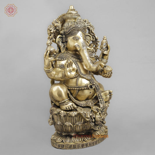 Brass Ganesh Seated with Beautiful ornaments, Smooth Finish 24”