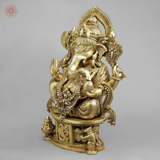 Brass Ganesh Seated with Om carved on Pedestal Fine, Gold Finish 23”