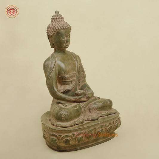 Brass Meditating Buddha, Antique Green Finish 16.5”
