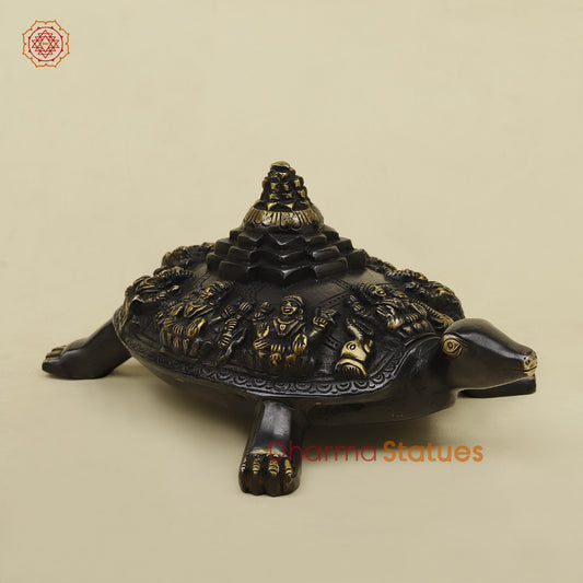 Brass Ashtlakshmi Tortoise with Meru on top, Black golden Finish 7”