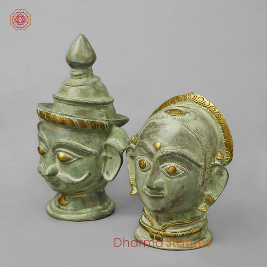 Brass Shiva Parwati Head, Green Leaf Patina 10”