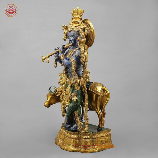 Brass Krishna With Cow Fine, Antique Turquoise finish 27”