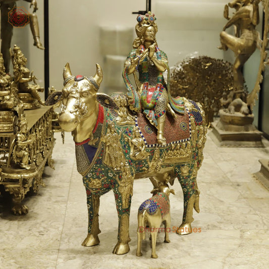 Brass Krishna Seated on Cow with Calf Universal, Fine stone work 43”