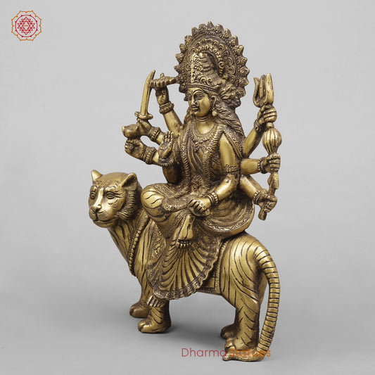 Brass Durga On Tiger, Antique Finish 13”