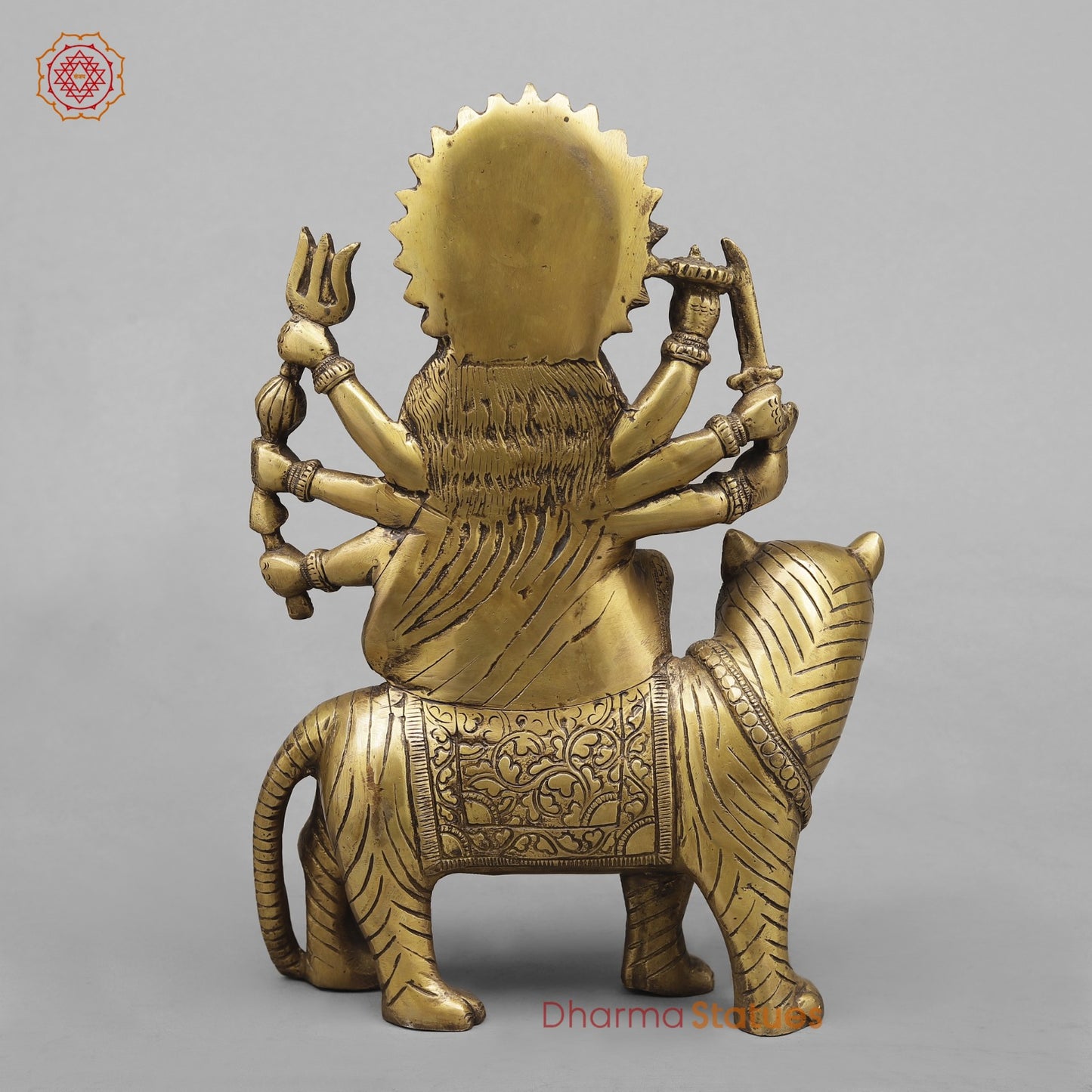 Brass Durga On Tiger, Antique Finish 13”