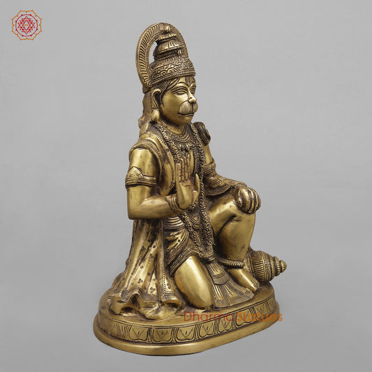 Brass Hanuman Ji seated In blessing posture, Antique Finish 12.5”