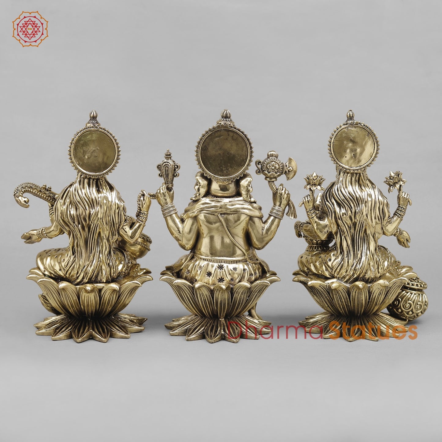 Brass Lakshmi Ganesh Saraswati Seated Fine 10”