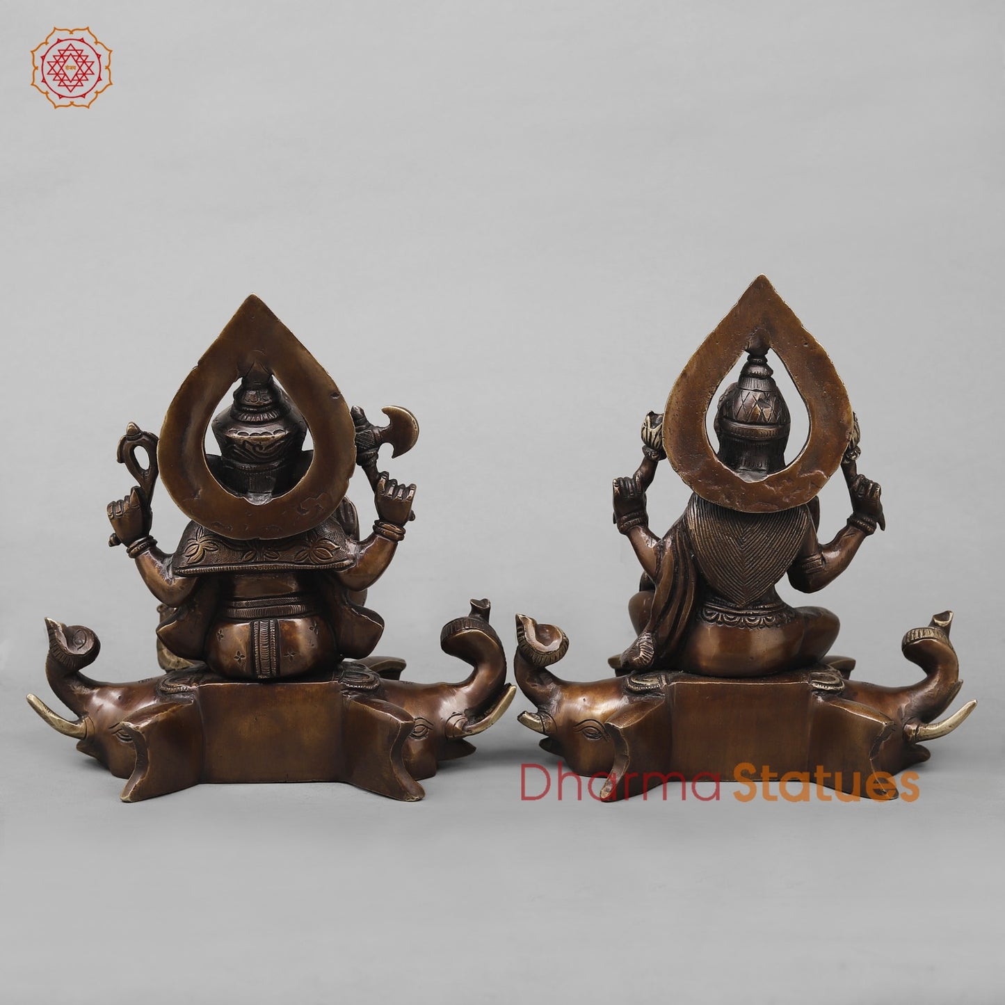 Brass Lakshmi Ganesh Seated on Elephants Fine, Antique Copper Finish 9.5”