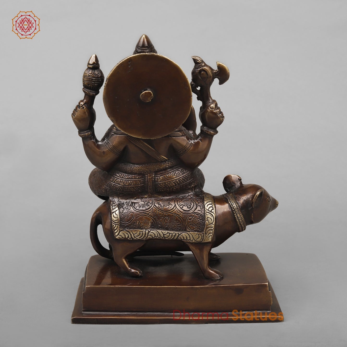Brass Ganesh Seated on Rat Fine, Antique Copper Finish 9.5”