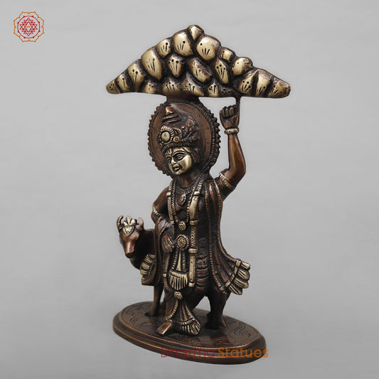Brass Krishna with Govardhan Parwat fine, Antique Copper Finish 10”