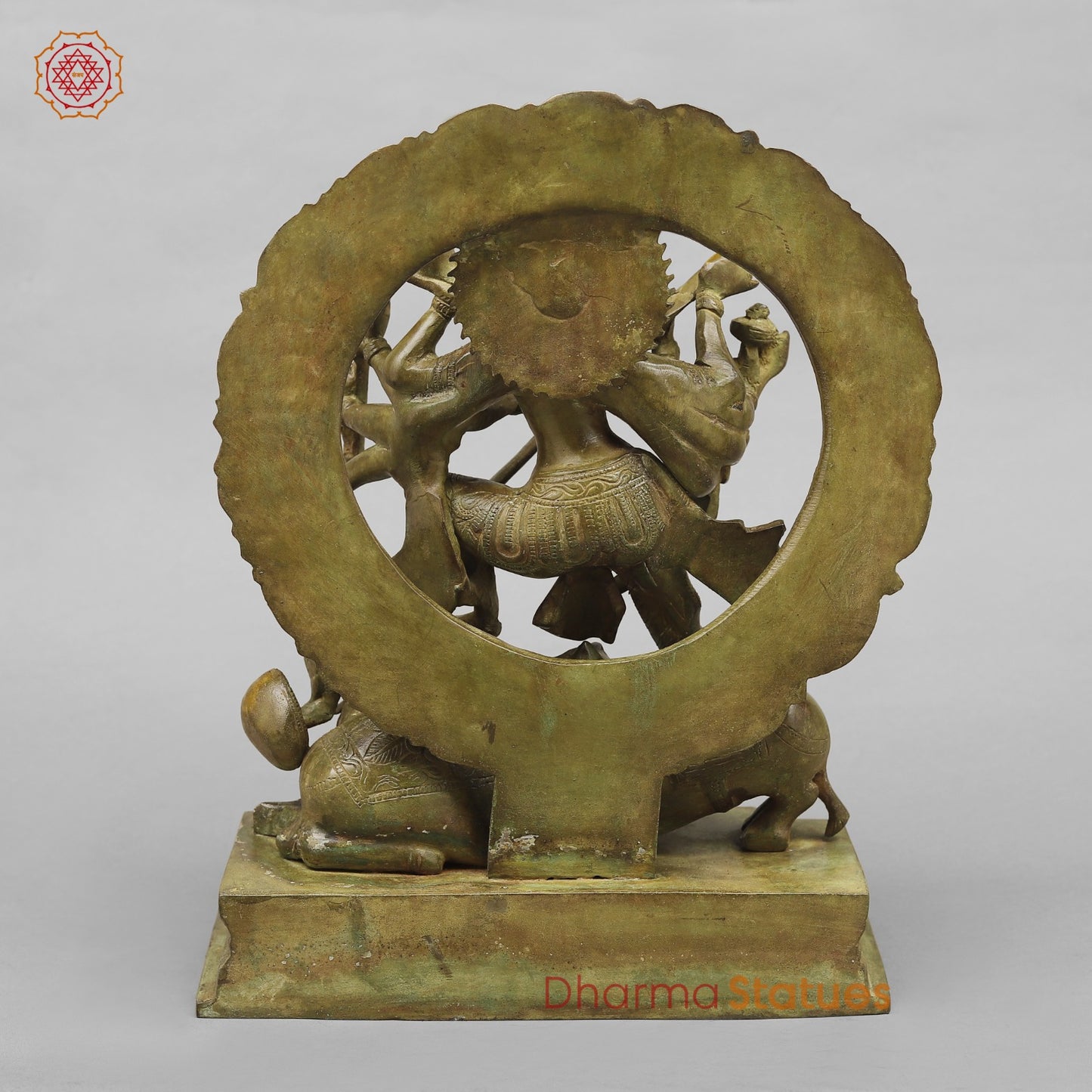 Brass Mahishasur Durga With Frame, Green Patina Finish 12.5”
