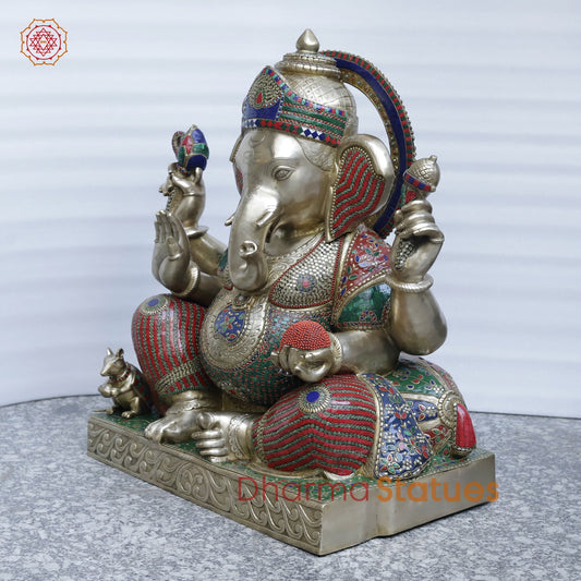 Brass Ganesh Seated Fine , Stone Work 34”