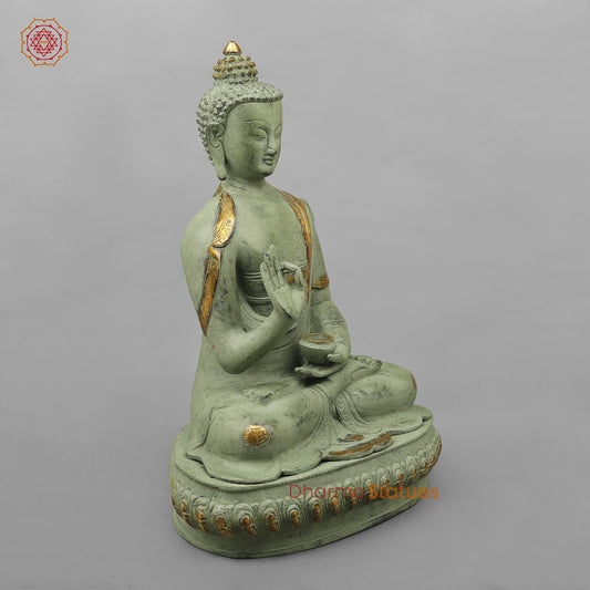 Brass Buddha Seated with Ashtmangal Signs, Green Patina Finish 16”