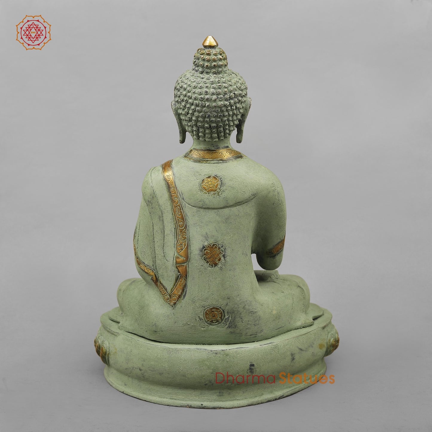 Brass Buddha Seated with Ashtmangal Signs, Green Patina Finish 16”