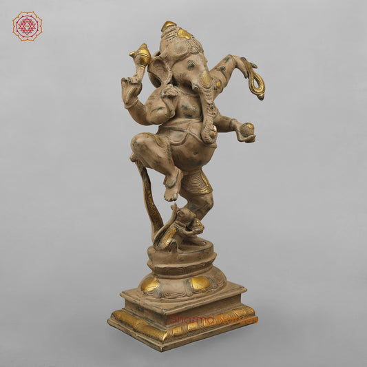 Brass Ganesh Dancing with Rat, Antique finish 18”