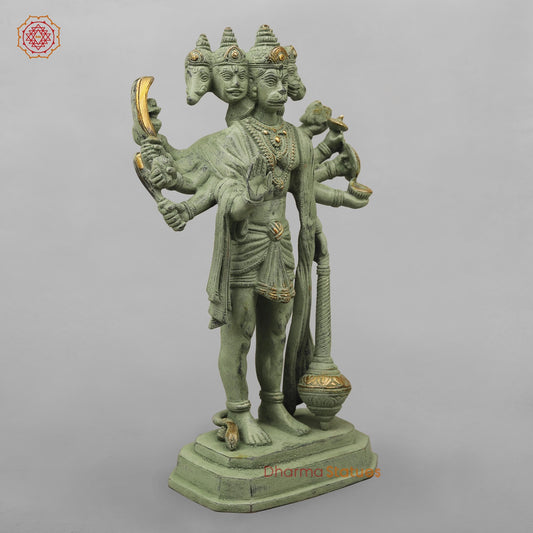 Brass Panchmukhi Hanuman Standing, Green Patina Antique Finish 13.5”