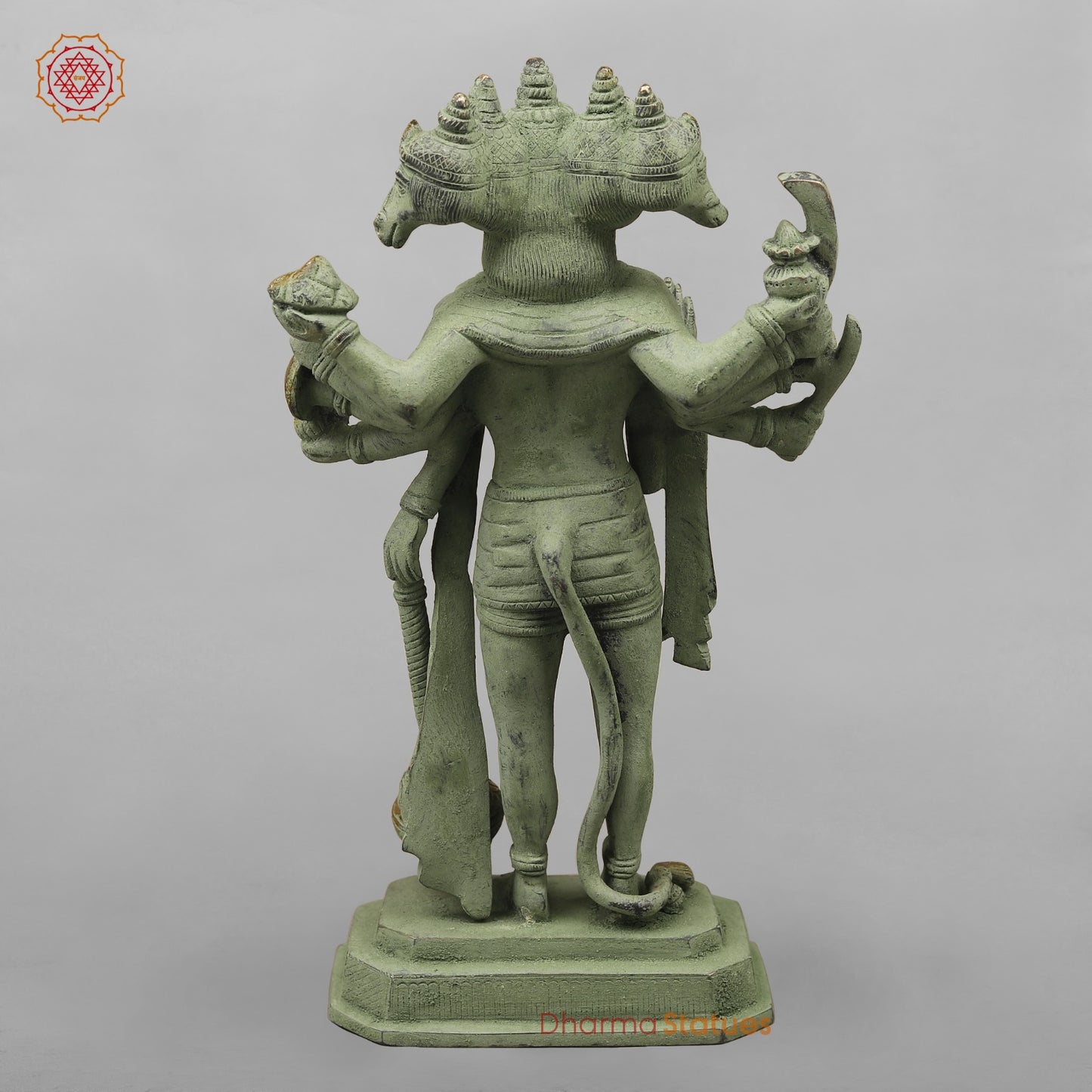 Brass Panchmukhi Hanuman Standing, Green Patina Antique Finish 13.5”