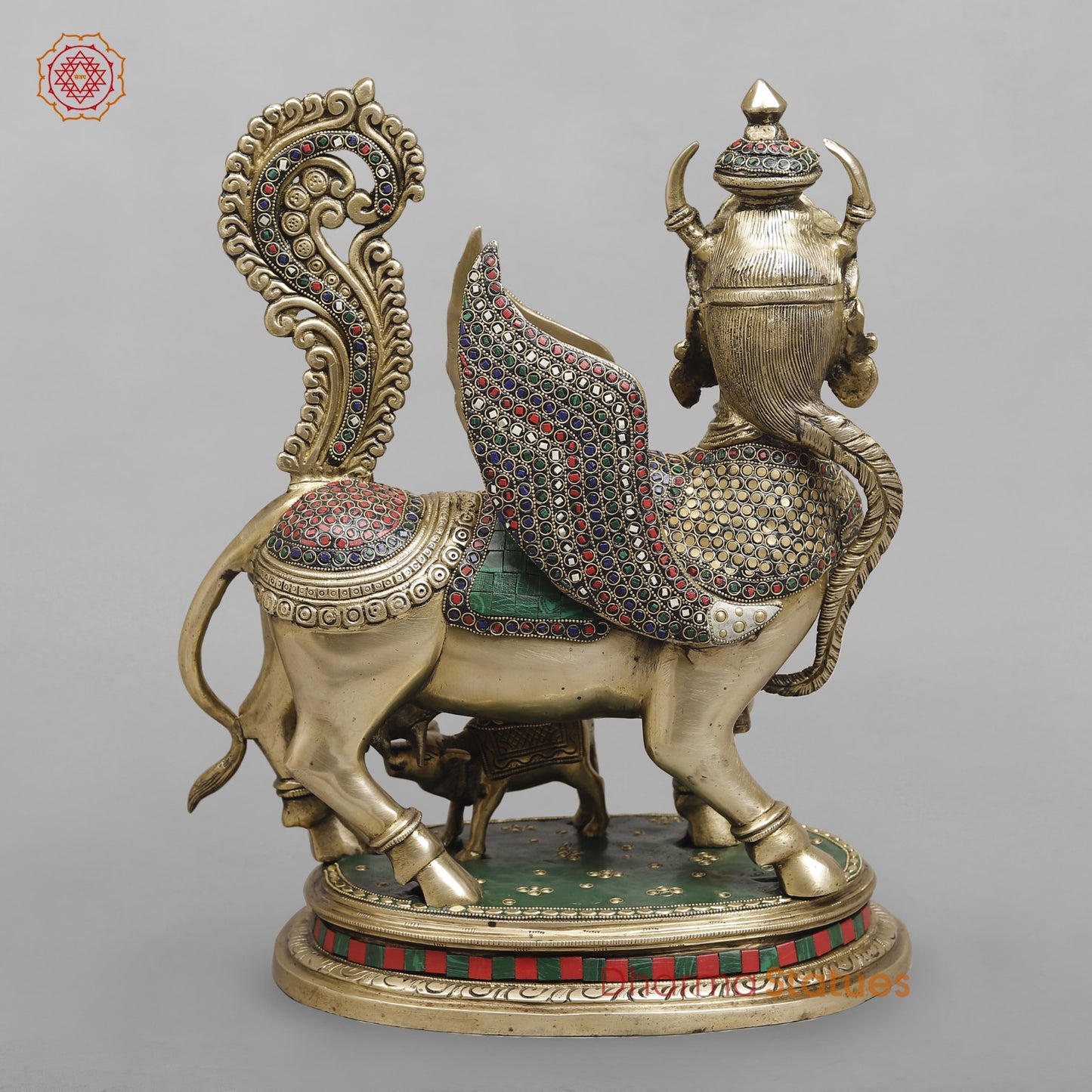Brass Kamdhenu Cow With Calf Fine, Stone Work 17”