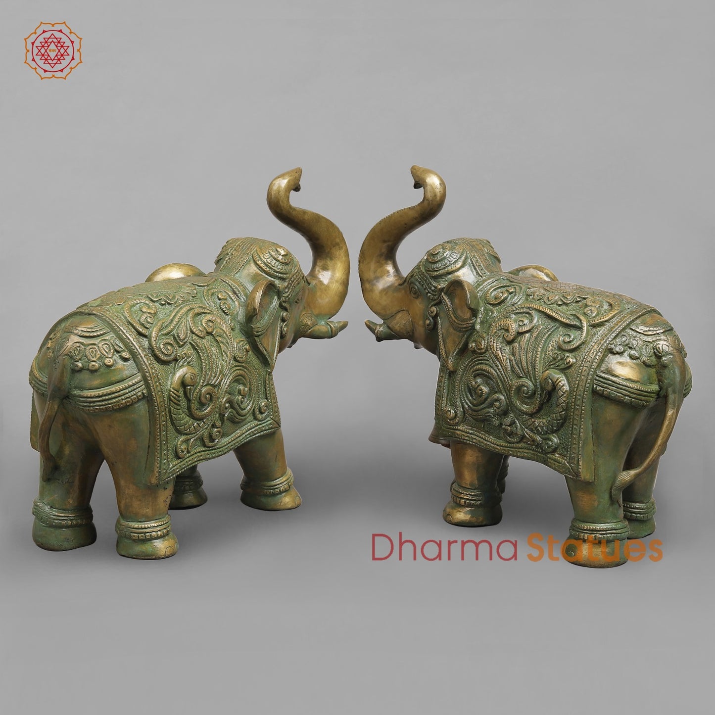 Brass Elephants Pair Peacock carving Fine, Patina Finish 12”