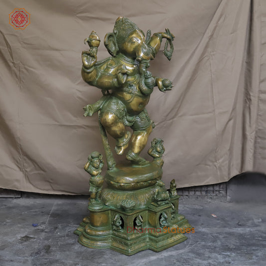 Brass Dancing Ganesh With Devotees Fine, Patina Ganesh 40”