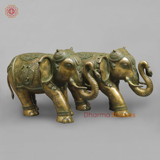 Brass South Indian Elephants Holding Lotus fine, Patina Finish 26”