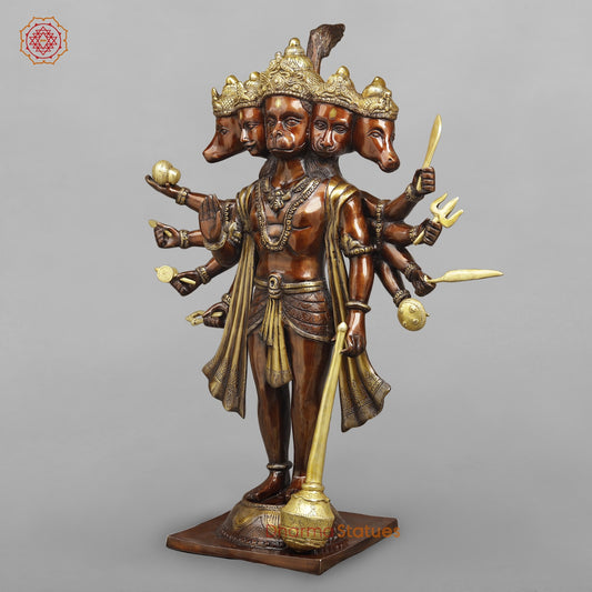Brass Panchmukhi Hanuman Ji Standing Fine, Copper And Gold 30"