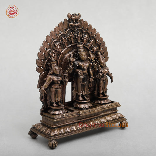 Copper Vishnu, Sridevi, Bhudevi With Arch Fine 7.5"