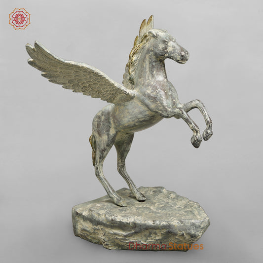 Brass Horse Flying From the Edge, Green Patina Finish 19”