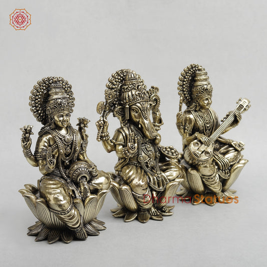 Brass Lakshmi Ganesh Saraswati Seated on Lotus Fine 7.5”