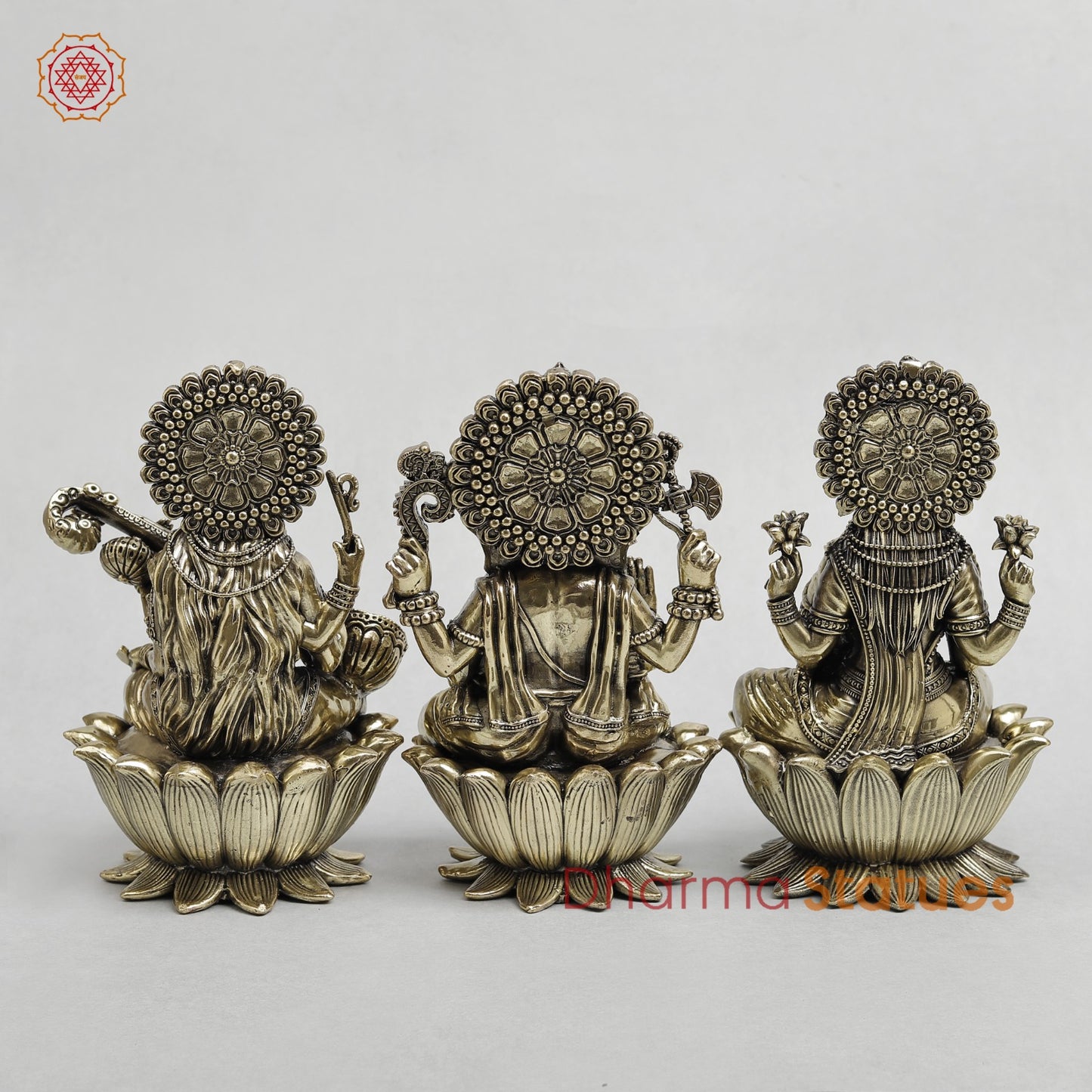 Brass Lakshmi Ganesh Saraswati Seated on Lotus Fine 7.5”