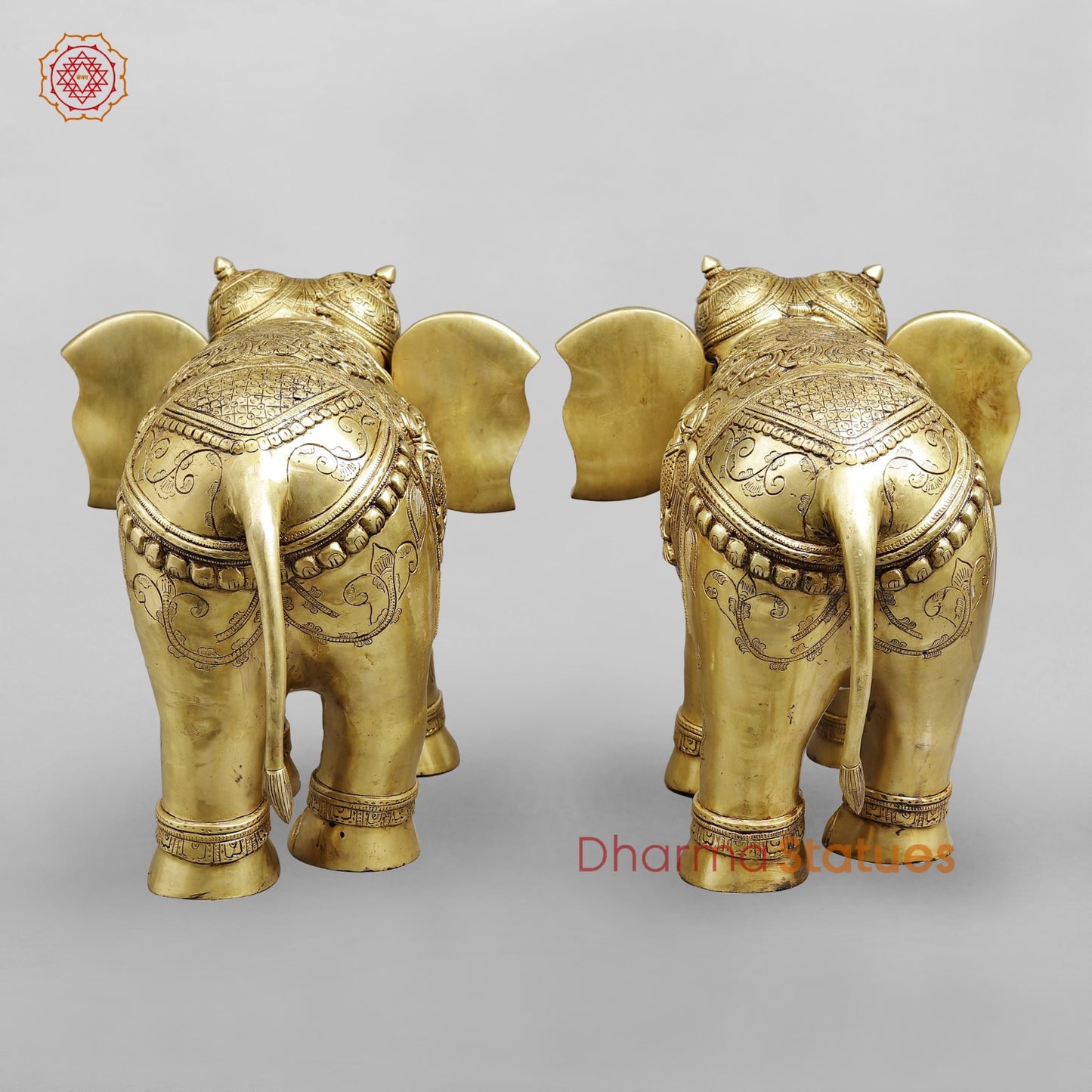 Brass Elephants Holding Lotus With Peacock Carving Fine, Special Gold Finish 25” (Set of 2)
