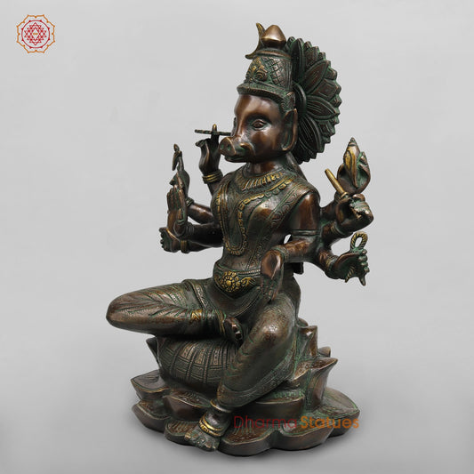 Brass Varahi Seated on Lotus Fine, Copper Green Finish 18.5”
