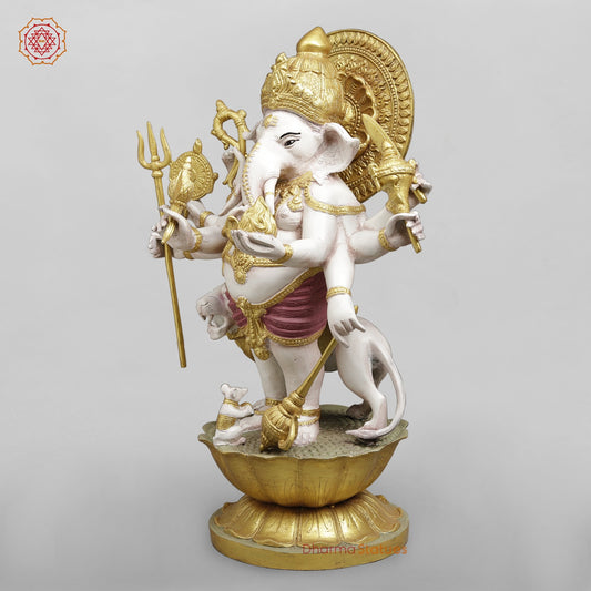Brass Raksha Ganesh Standing With Trishul Fine, Ivory Finish with Red Shading 24”