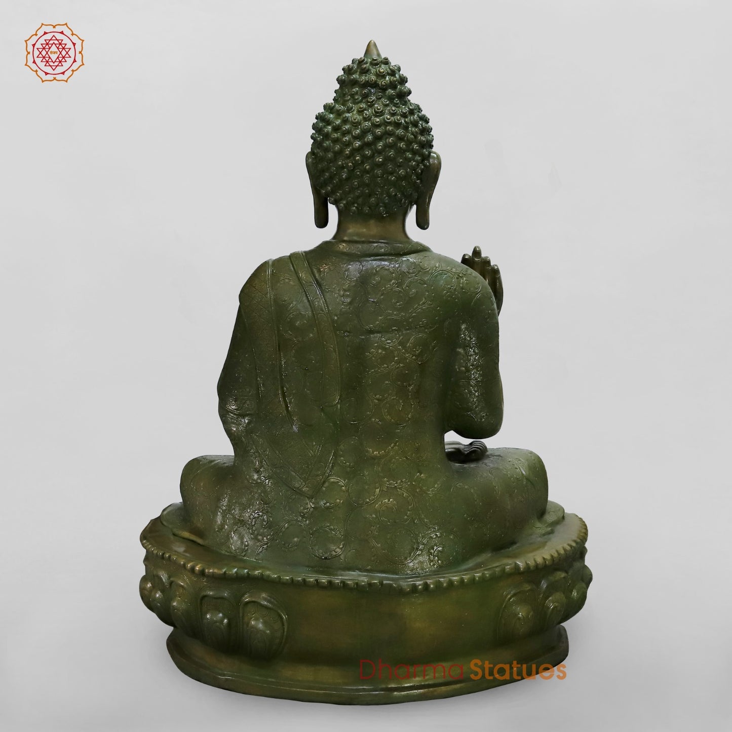 Brass Buddha Seated With fine Carving, Antique Patina 49”