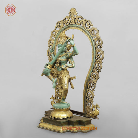 Brass Saraswati Fine With Arch, Special Green And Gold Patina 32.5”