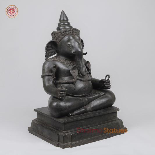 Bronze Ganesh Seated With Natural Agate Mala Fine, Natutral Patina 26” (One Of a Kind) Origin -Nakhom patonm, Thailand