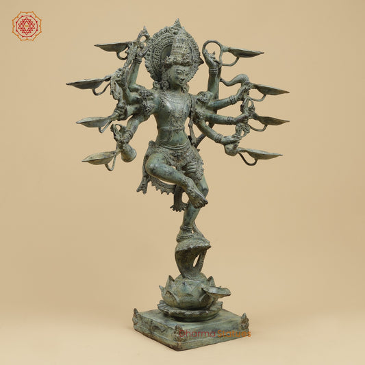 Bronze Dancing Krishna on Snake With Diya Fine, Green Patina Finish 26” Origin - Java, Indonesia