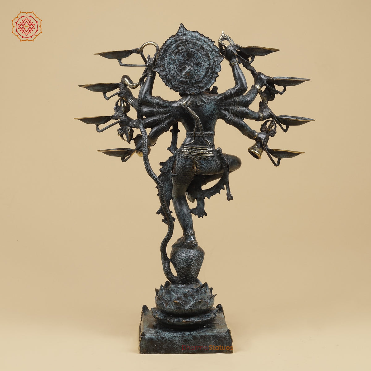 Bronze Dancing Krishna on Snake With Diya Fine, Tuqoise Patina Finish 26” Origin - Java, Indonesia
