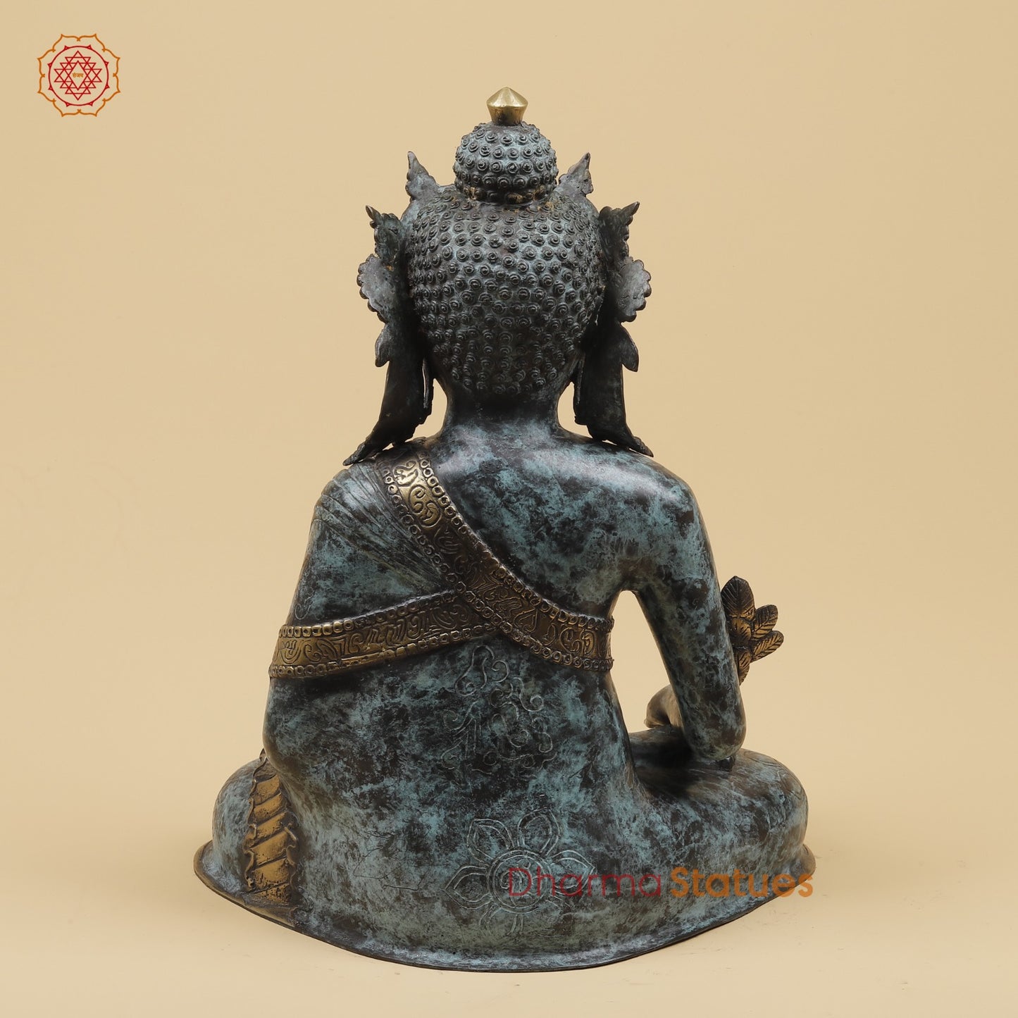 Bronze Crown Buddha holding Flower Fine, Turqoise finish 20” Origin - Java, Indonesia
