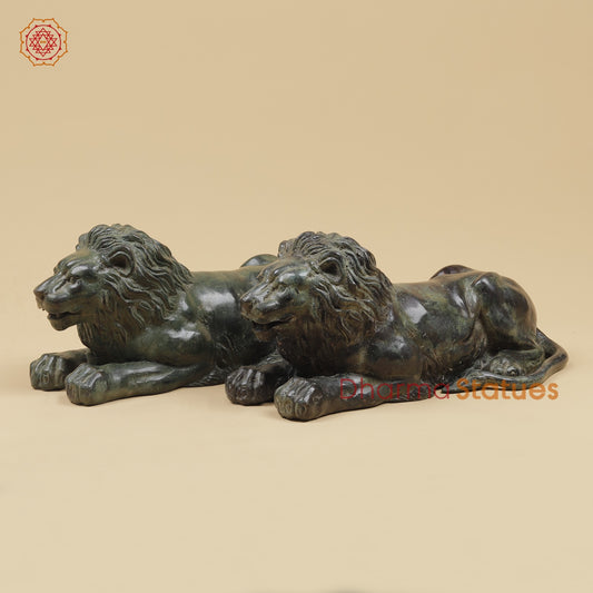 Bronze Pair Of Lions Seated Fine, Dark Green Natural Patina 14” Origin- Java, Indonesia.