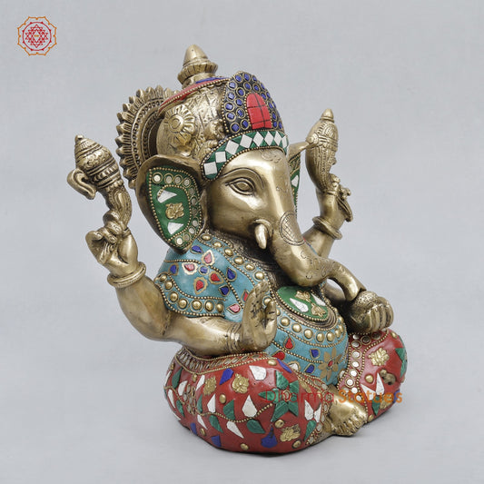 Brass Ganesh Saeted with Long ears Fine, Stone work 8.5