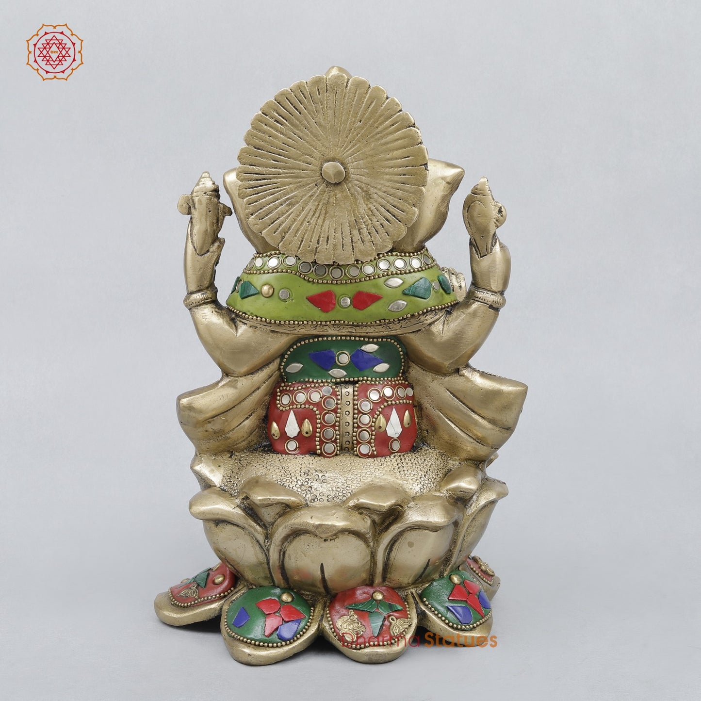 Brass Ganesh Seated On Lotus, Stone work 10”