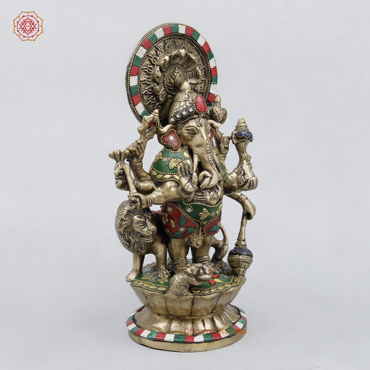 Brass Raksha Ganesh Fine, Stone work 11”
