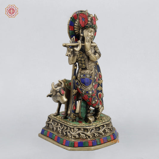 Brass Cow Krishna Fine, Stone work 10”