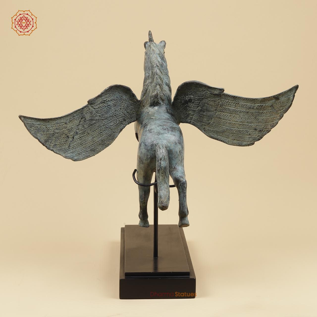 Bronze Unicorn With Wooden Stand , Natural Patina 20” Origin - Java, Indonesia
