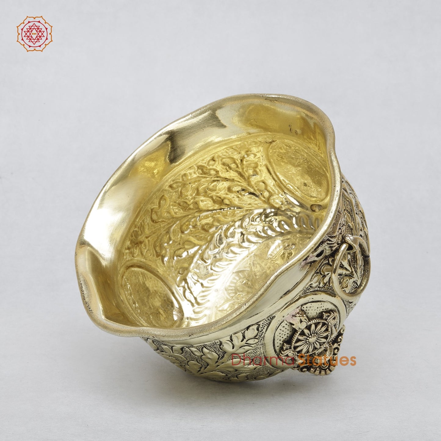 Brass Auspicious Shankh, Chakra, Tilak Bowl 5.5”
