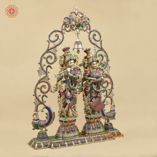 Brass Radha Krishna With Floral Arch and Bell, Stone work 45”