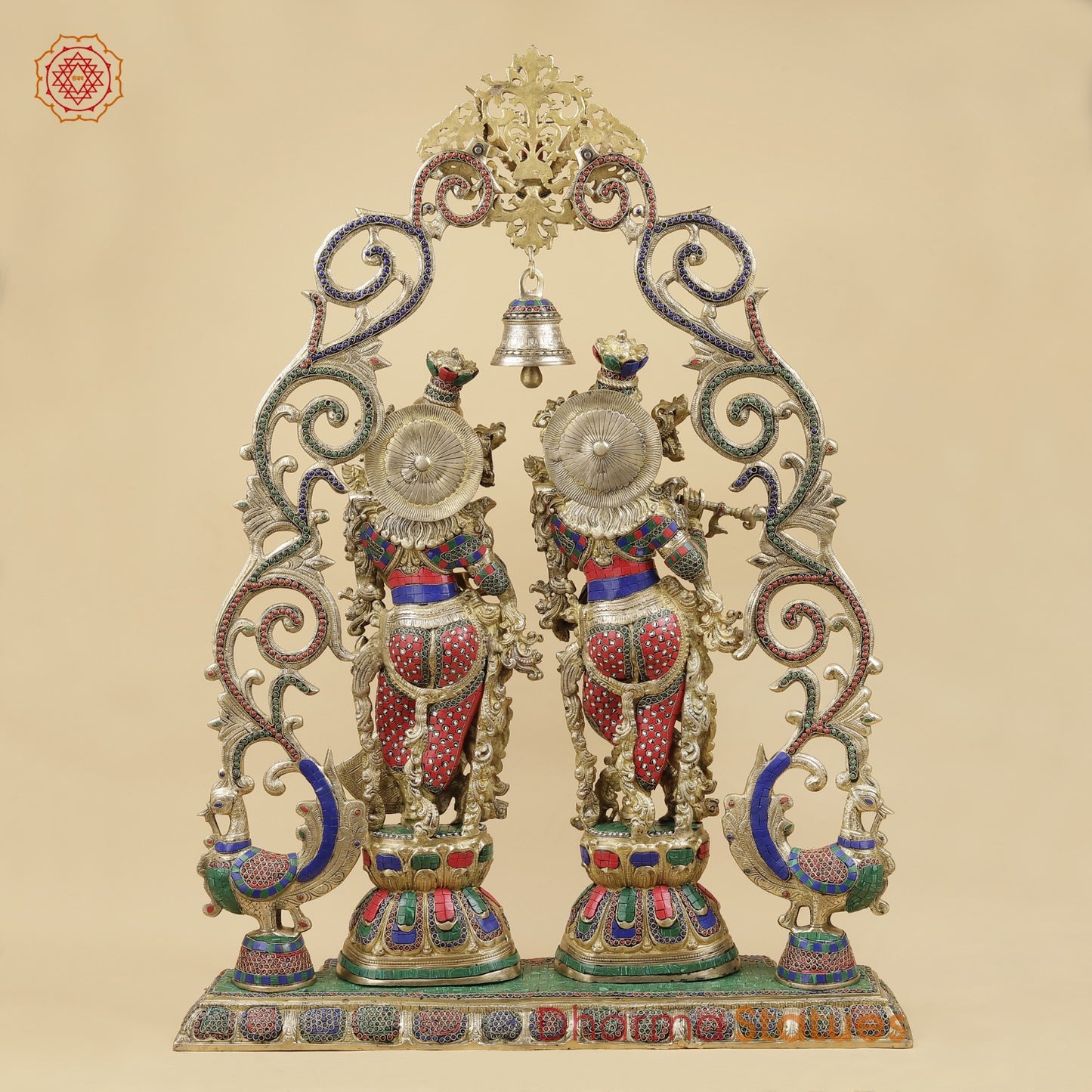 Brass Radha Krishna With Floral Arch and Bell, Stone work 45”