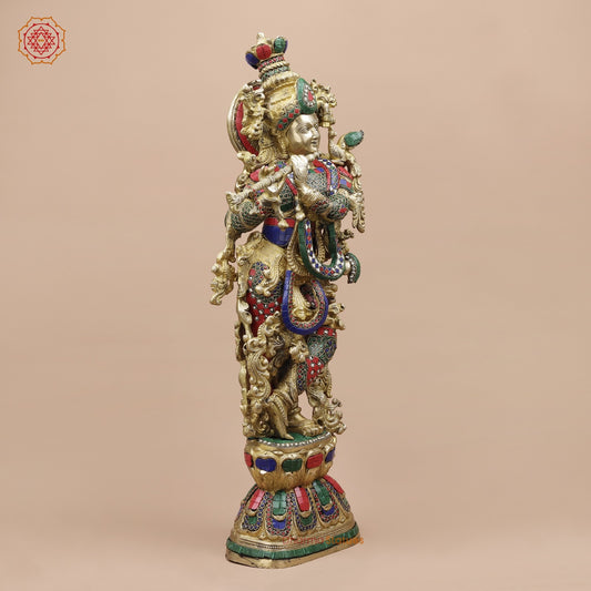Brass Krishna Standing Fine, Stone work 30”